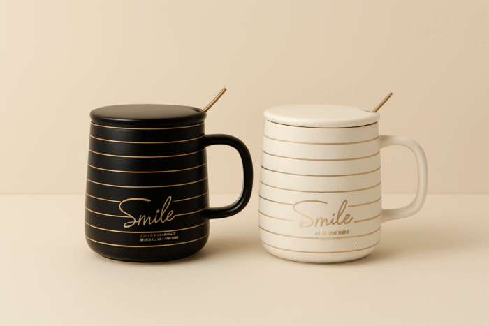 file_00000000505461fda321481e3e64b12b ماگ سفید و مشکی در دار با قاشق استیل - Image 1