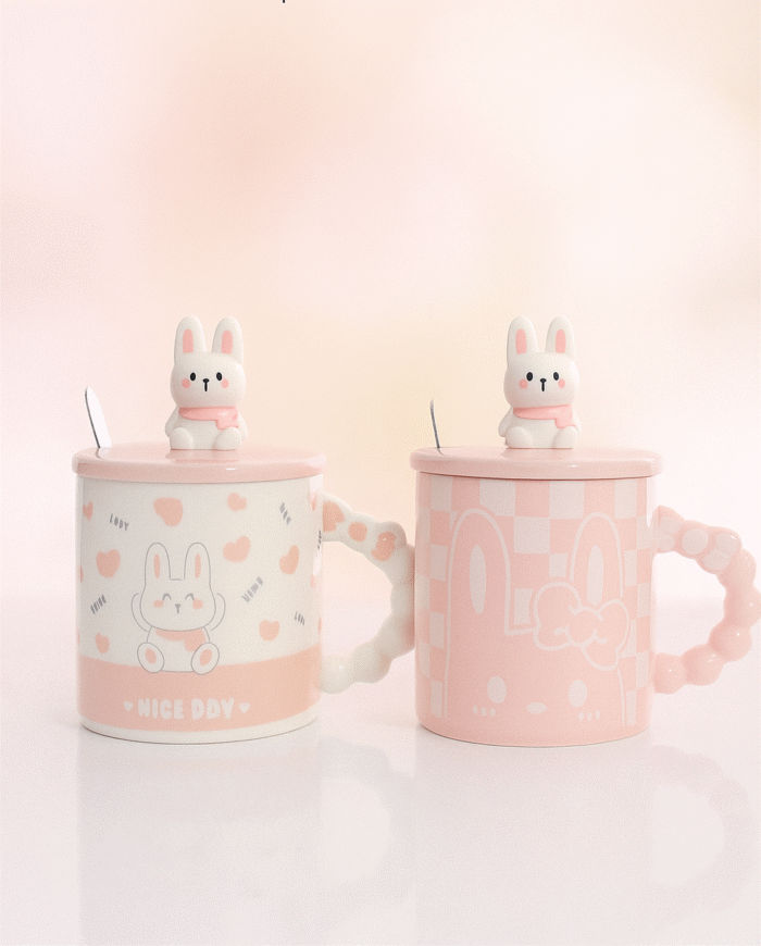 file_000000005abc62309ec99ab968d3dda9 ماگ در دار طرح خرگوش با قاشق استیل شیک و فانتزی - Image 1